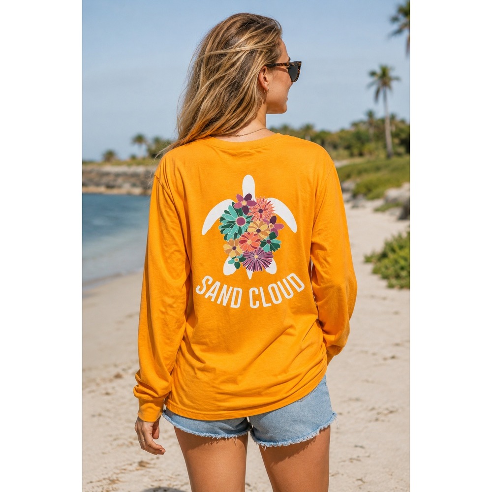 Sand Cloud Orange Sea Turtle Floral Long Sleeve T-Shirt Womens Medium Beachcore